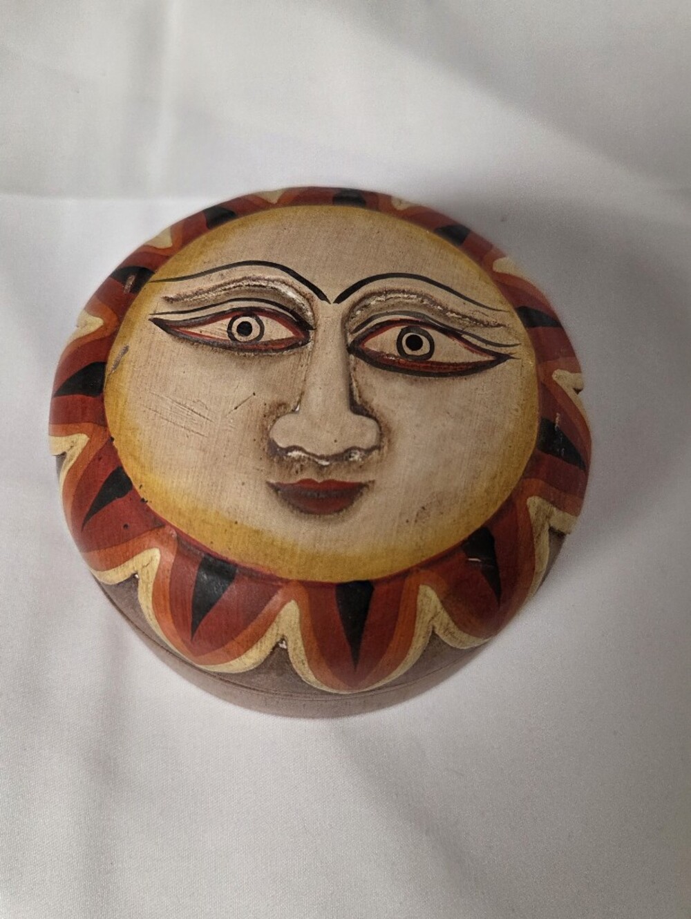 Round Wooden Hand Painted Carved Sun Face Trinket Box